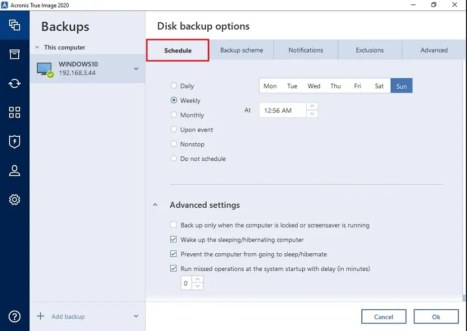 acronis 2020 backup schedule