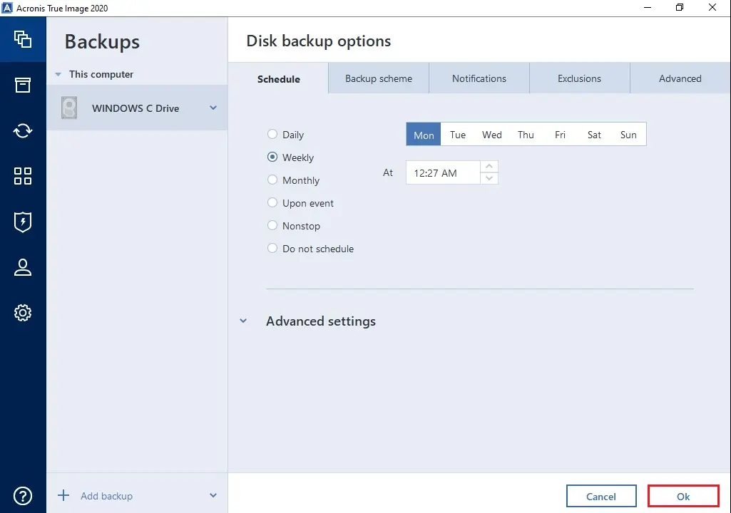 acronis 2020 backup schedule