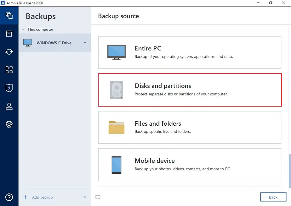 acronis 2020 backup disk and partition source