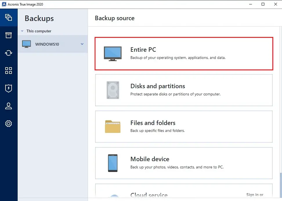 acronis 2020 backup source entire computer