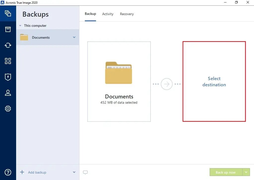 acronis 2020 select destination