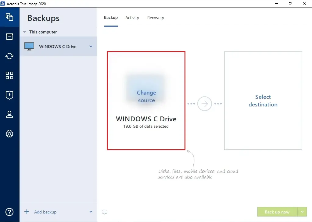 acronis 2020 change source