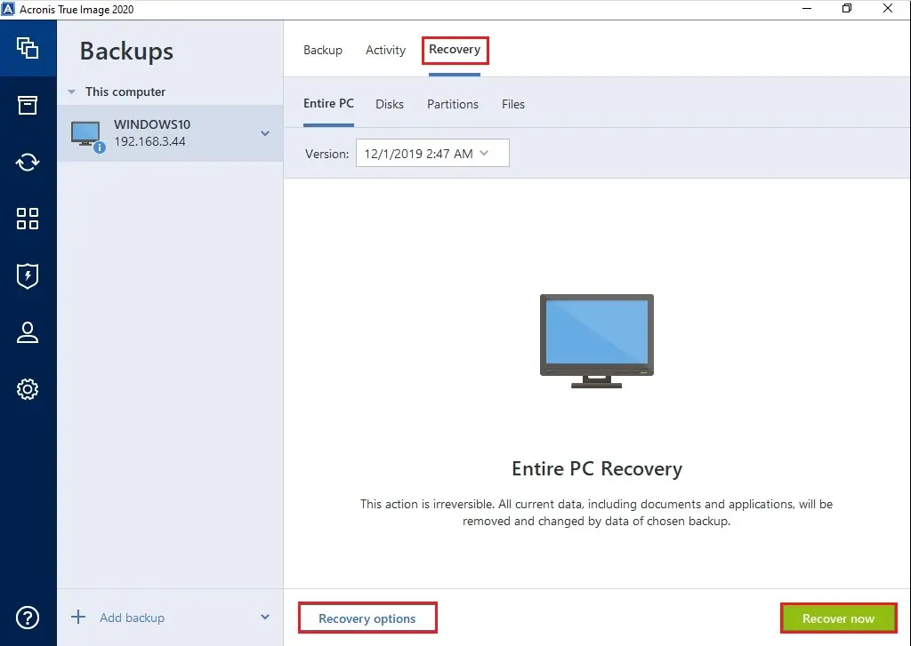 acronis 2020 entire computer recovery