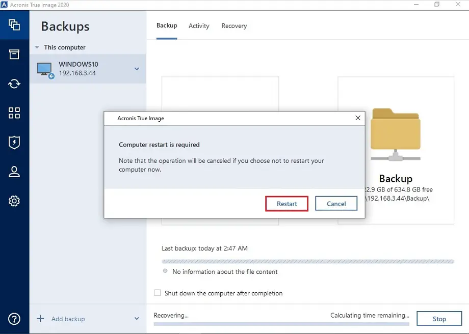 acronis true image computer restart is required