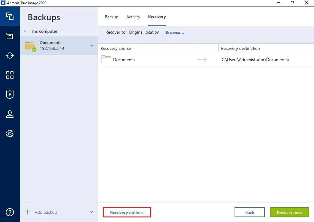 acronis 2020 recovery options