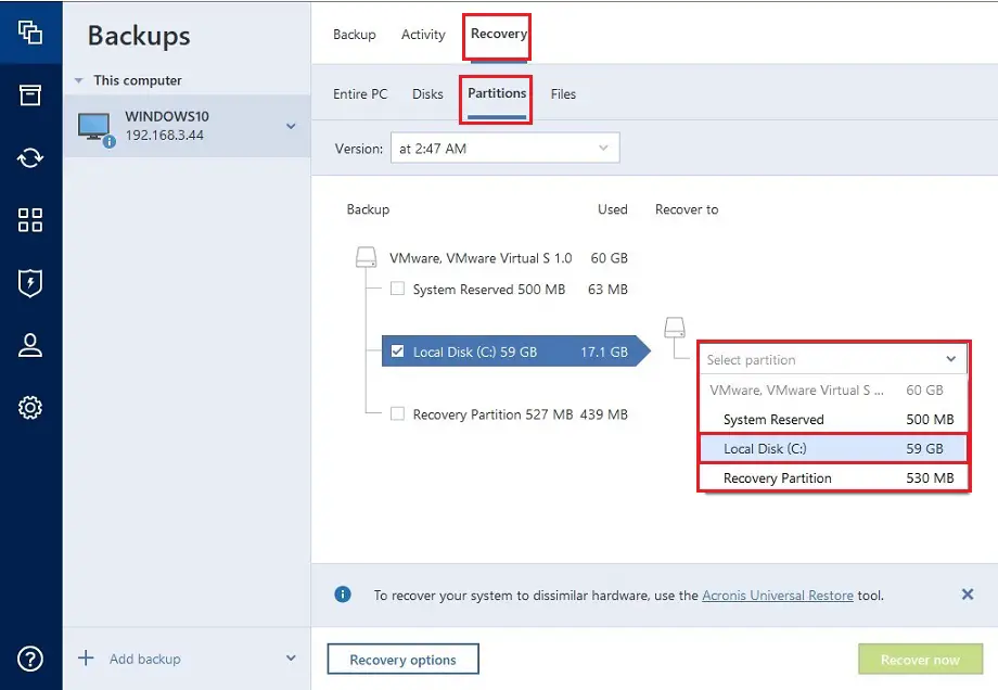 acronis 2020 recovery partition