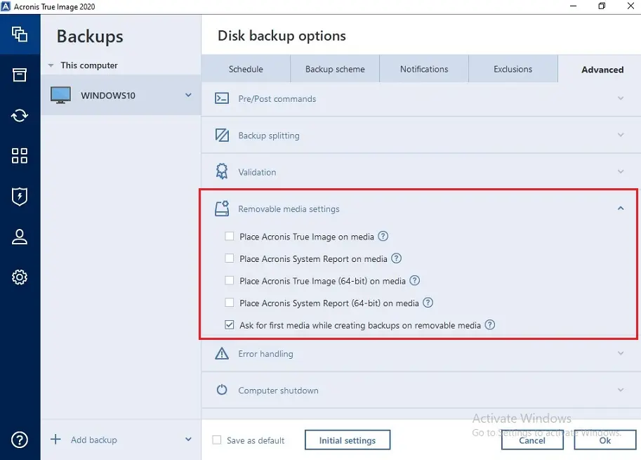 acronis advance media settings