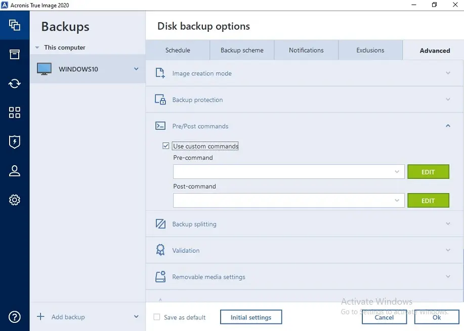 acronis backup advanced options pre post command