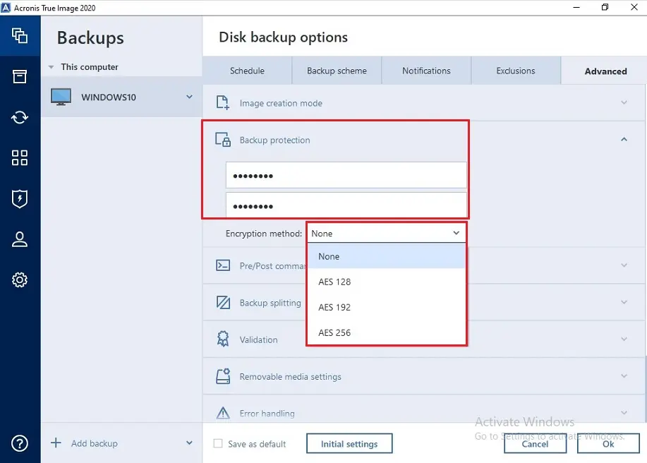 acronis backup advanced options protection