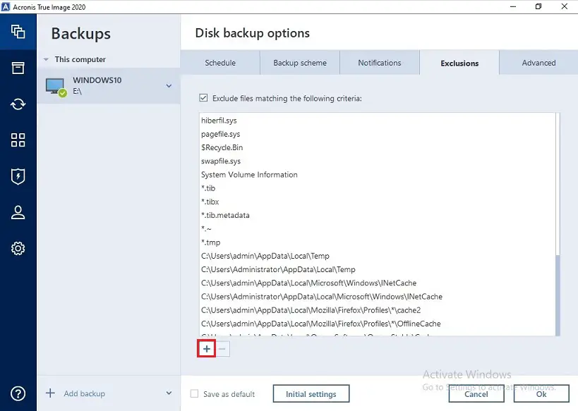 acronis true image exclusions system files