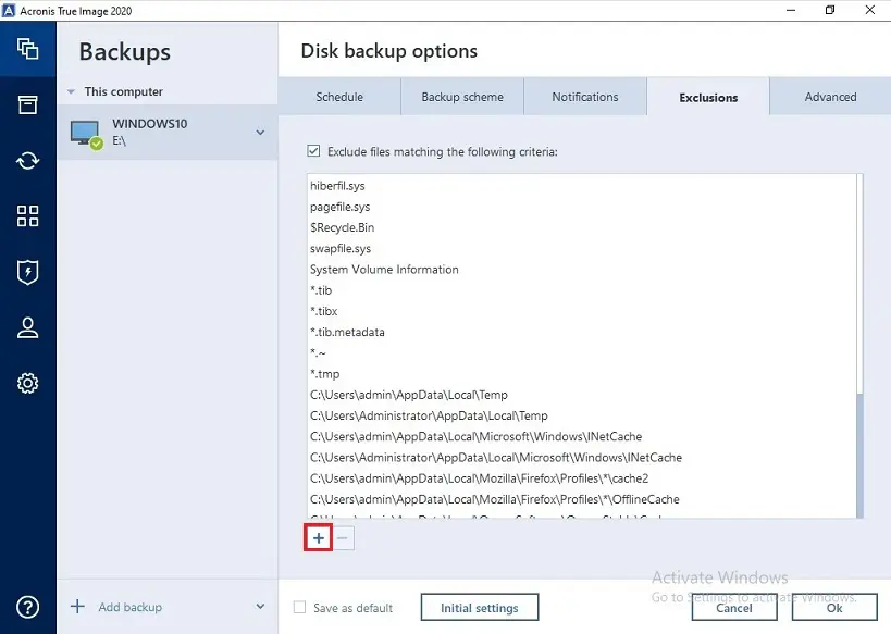 exclude files and folder acronis backup exclusions