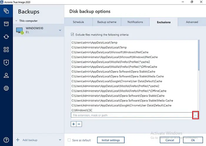 exclude files and folder acronis backup exclusions