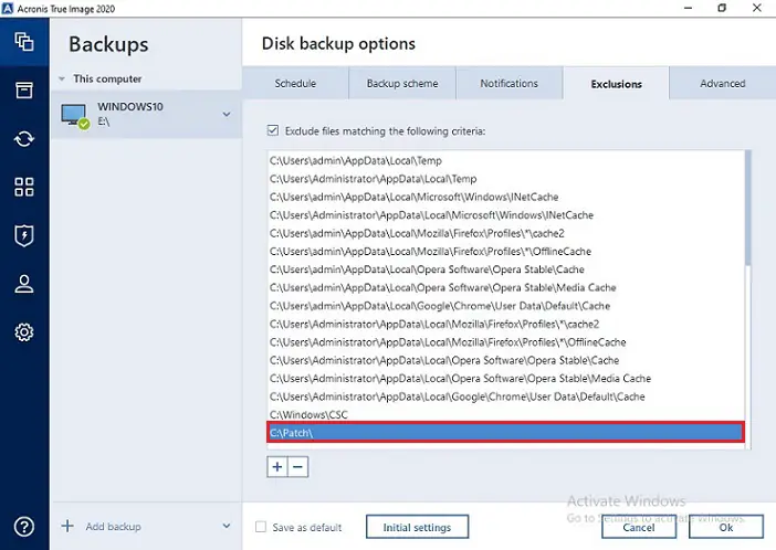 acronis backup exclusions