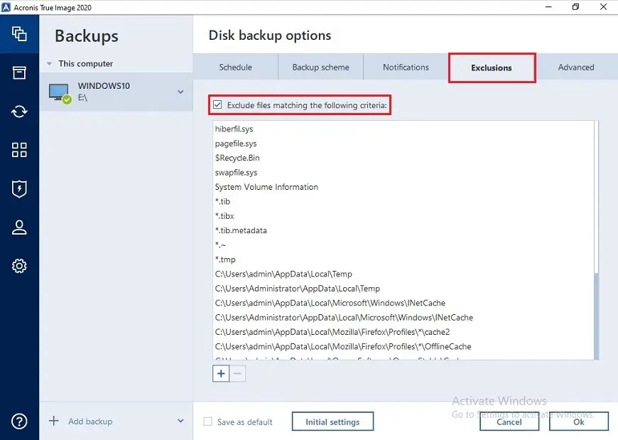 acronis backup exclusions