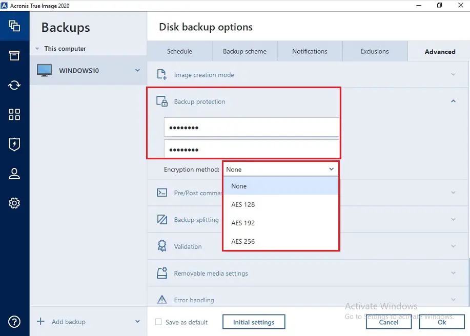 Backup Advanced Options, Disk backup advanced options settings Acronis true backup 2020.