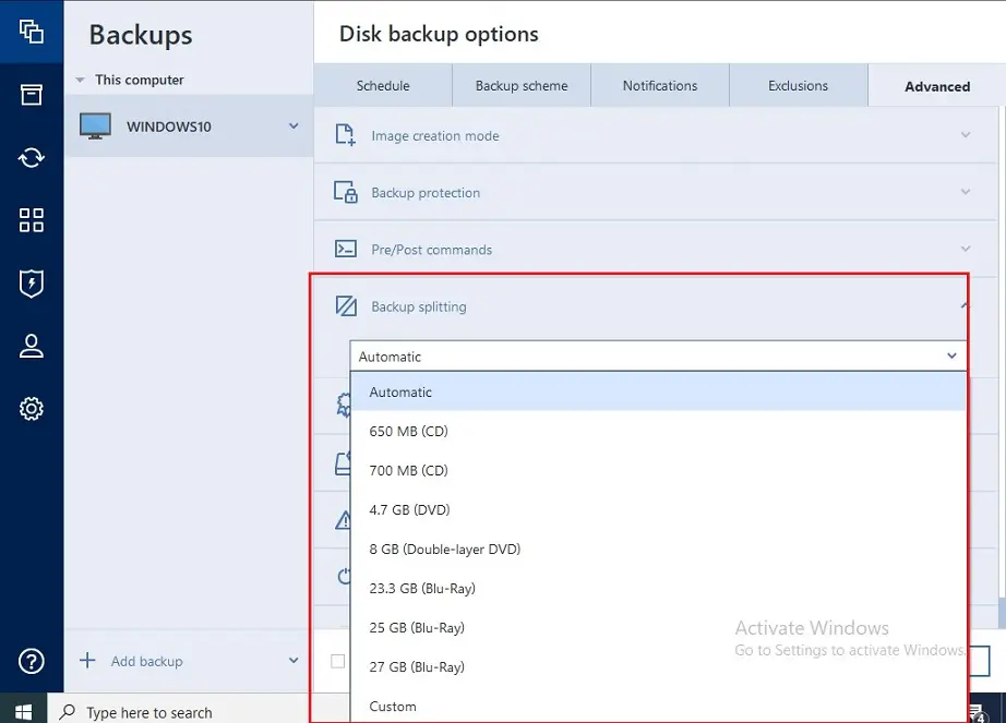 acronis backup splitting