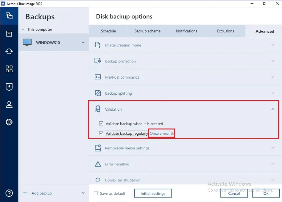 acronis backup validation