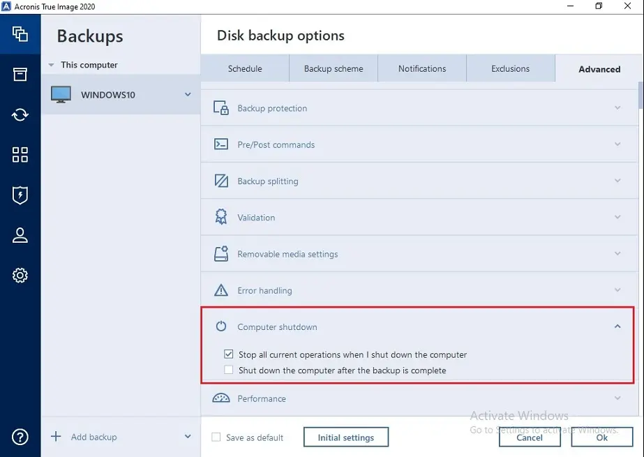 acronis computer shutdown