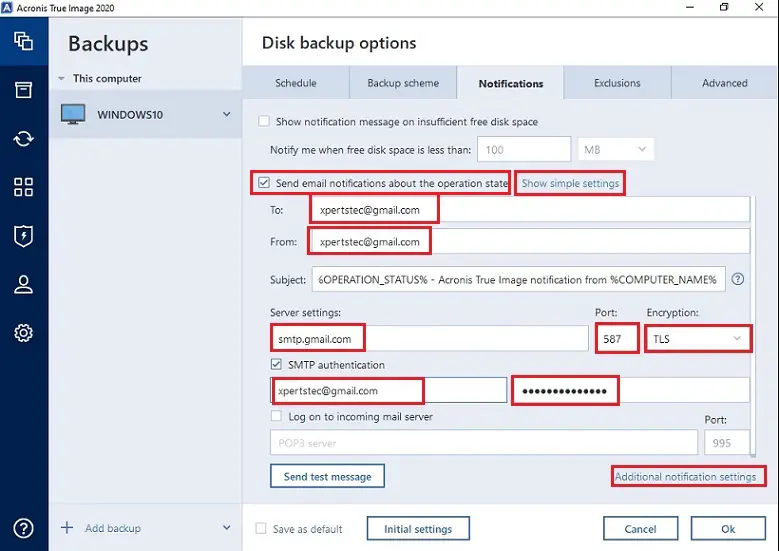 Backup Email Notifications, How to setup backup email notifications Acronis True Image 2020.