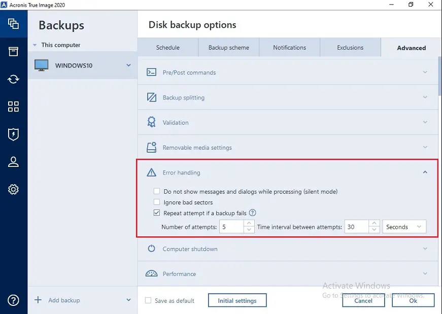 acronis error handling