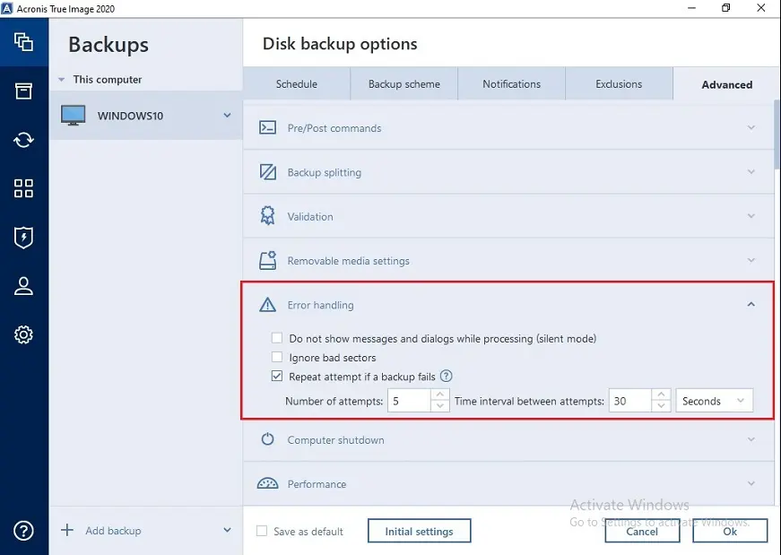 acronis error handling