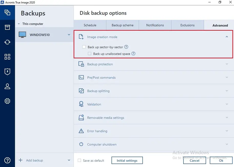 Backup Advanced Options, Disk backup advanced options settings Acronis true backup 2020.