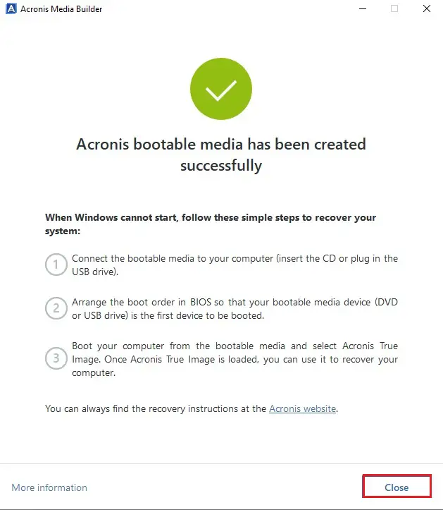 acronis media builder created successfully