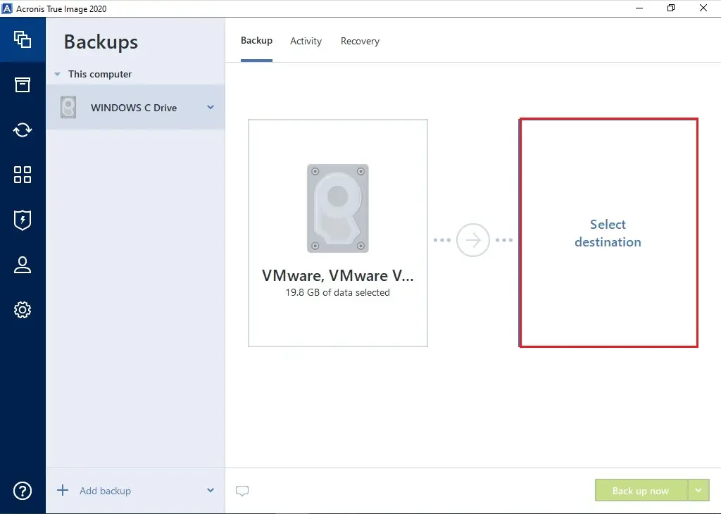 backup disk or partition acronis 2020 select destination