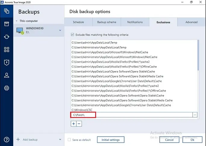 exclude files and folder acronis backup exclusions