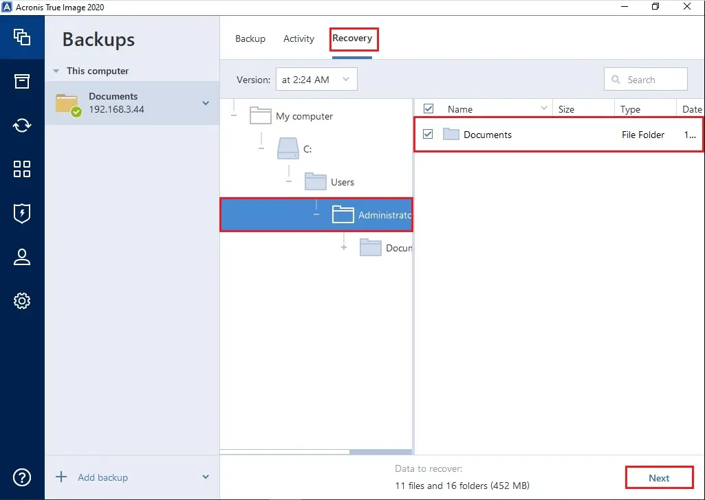 restore files and folder acronis 2020 add existing backup