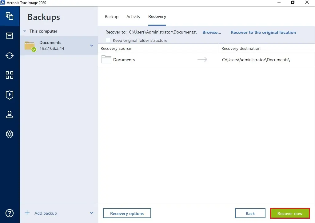 restore files and folder acronis 2020 recovery now