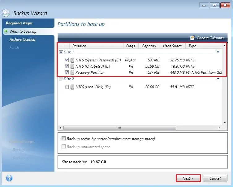 acronis 2020 bootable media partition to backup