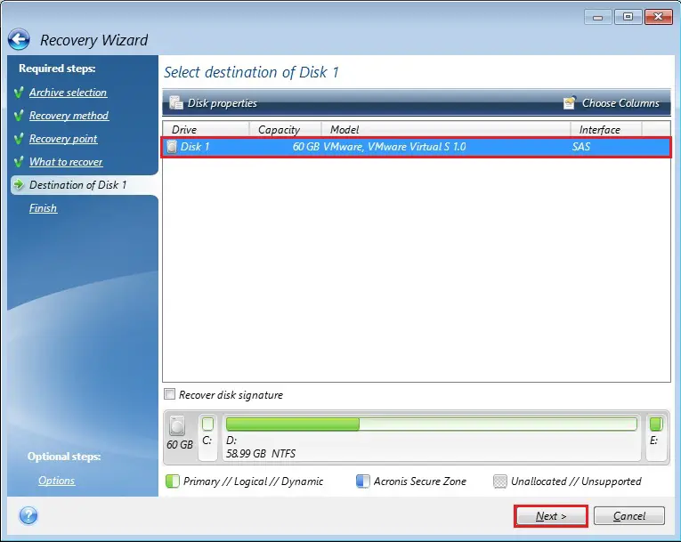 acronis true image recovery partition size