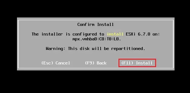 esxi 6.7 confirm install