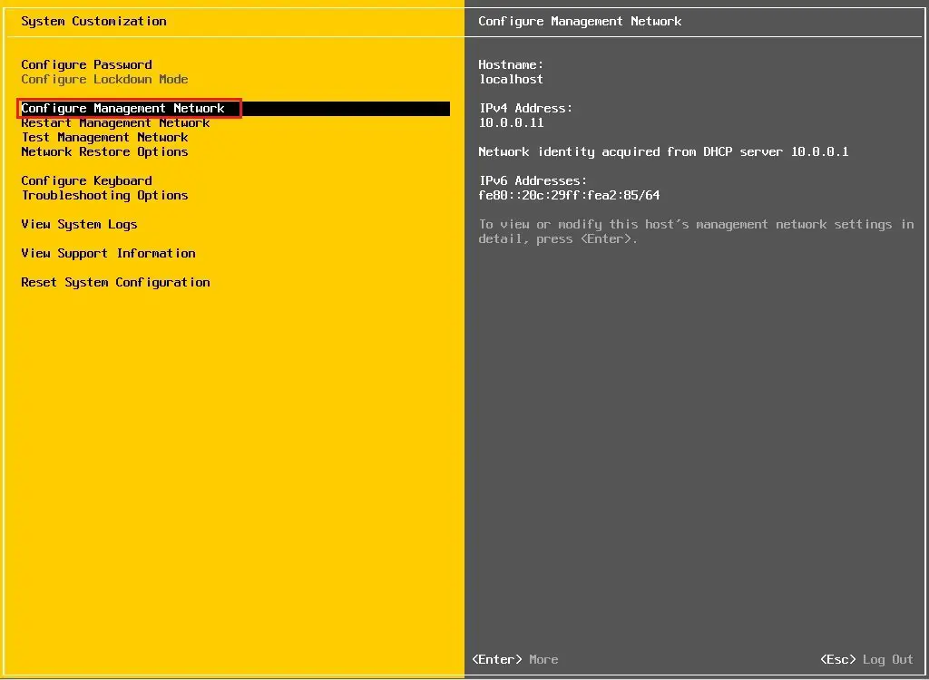 esxi 6.7 management network