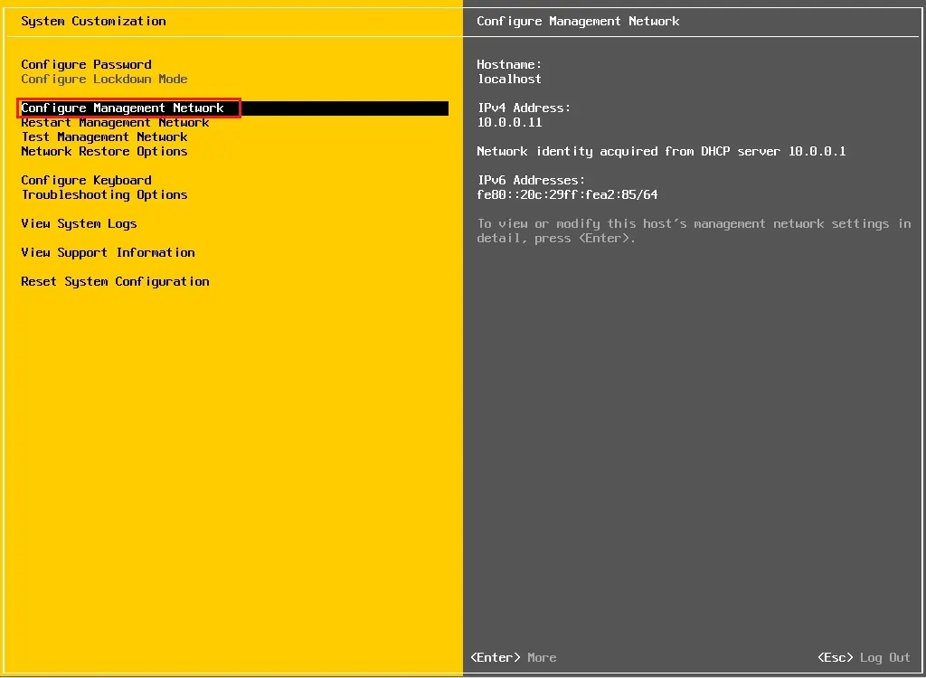 esxi 6.7 management network