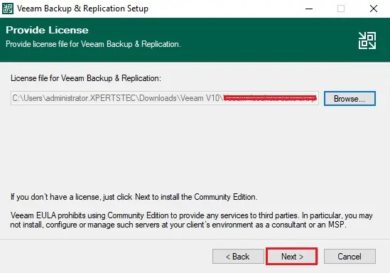 install veeam provide license