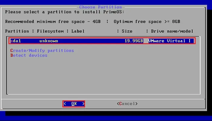 primeos cfdisk choose partition