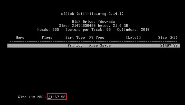 primeos cfdisk disk size