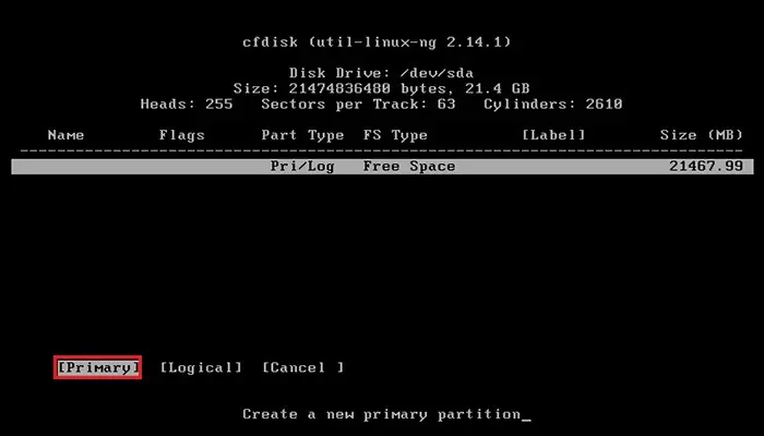 primeos cfdisk primary size