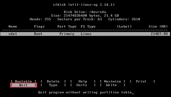 primeos cfdisk quit