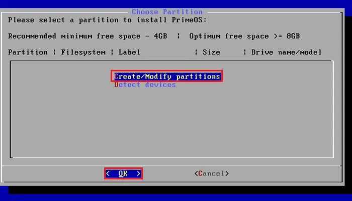 primeos create modify partitions