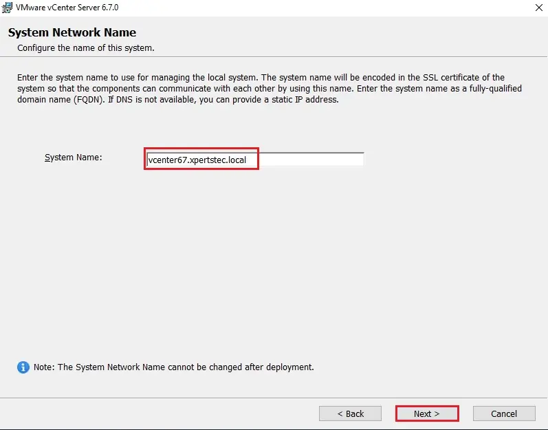 vcenter 6.7 system network name