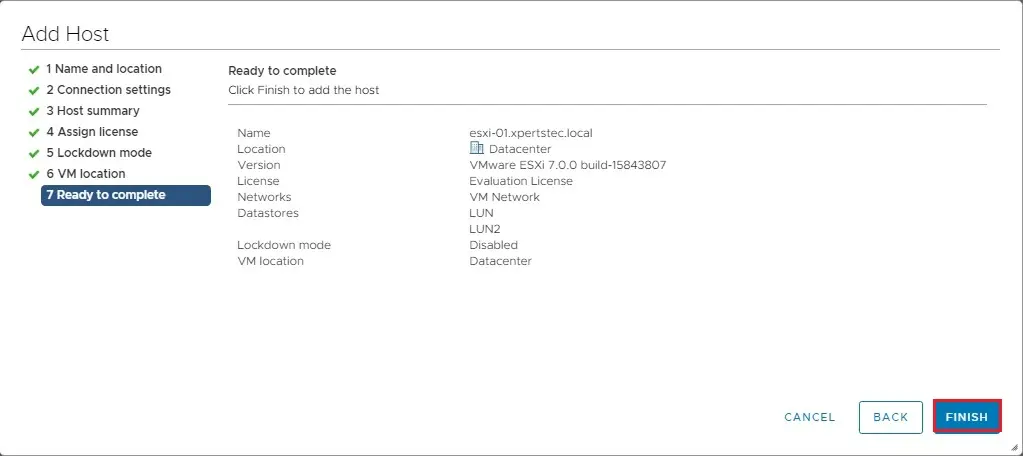 vcenter add host ready to complete