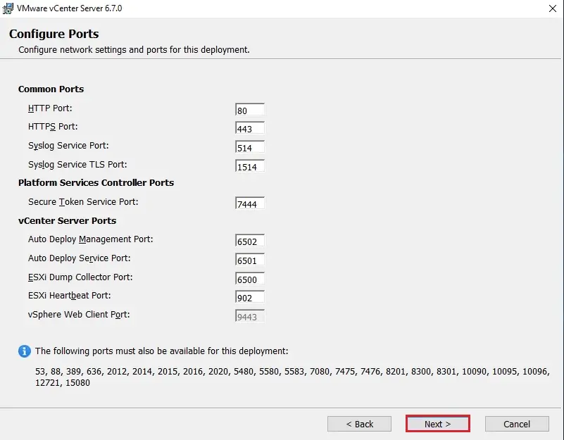 vcenter server configure ports