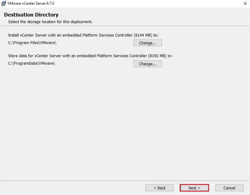 vcenter server destination directory