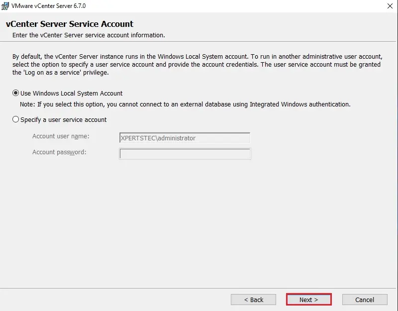 vcenter server service account