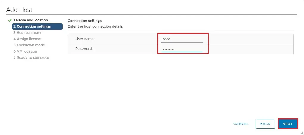 vsphere add esxi host connection