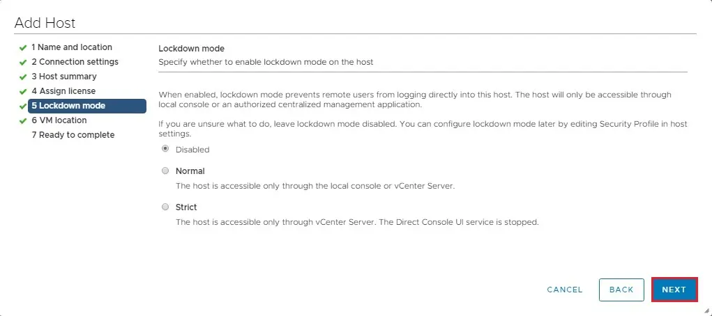 vsphere add host lockdown mode