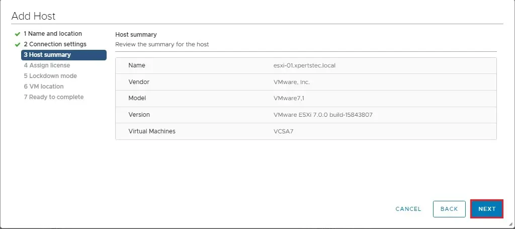 vsphere add host summary